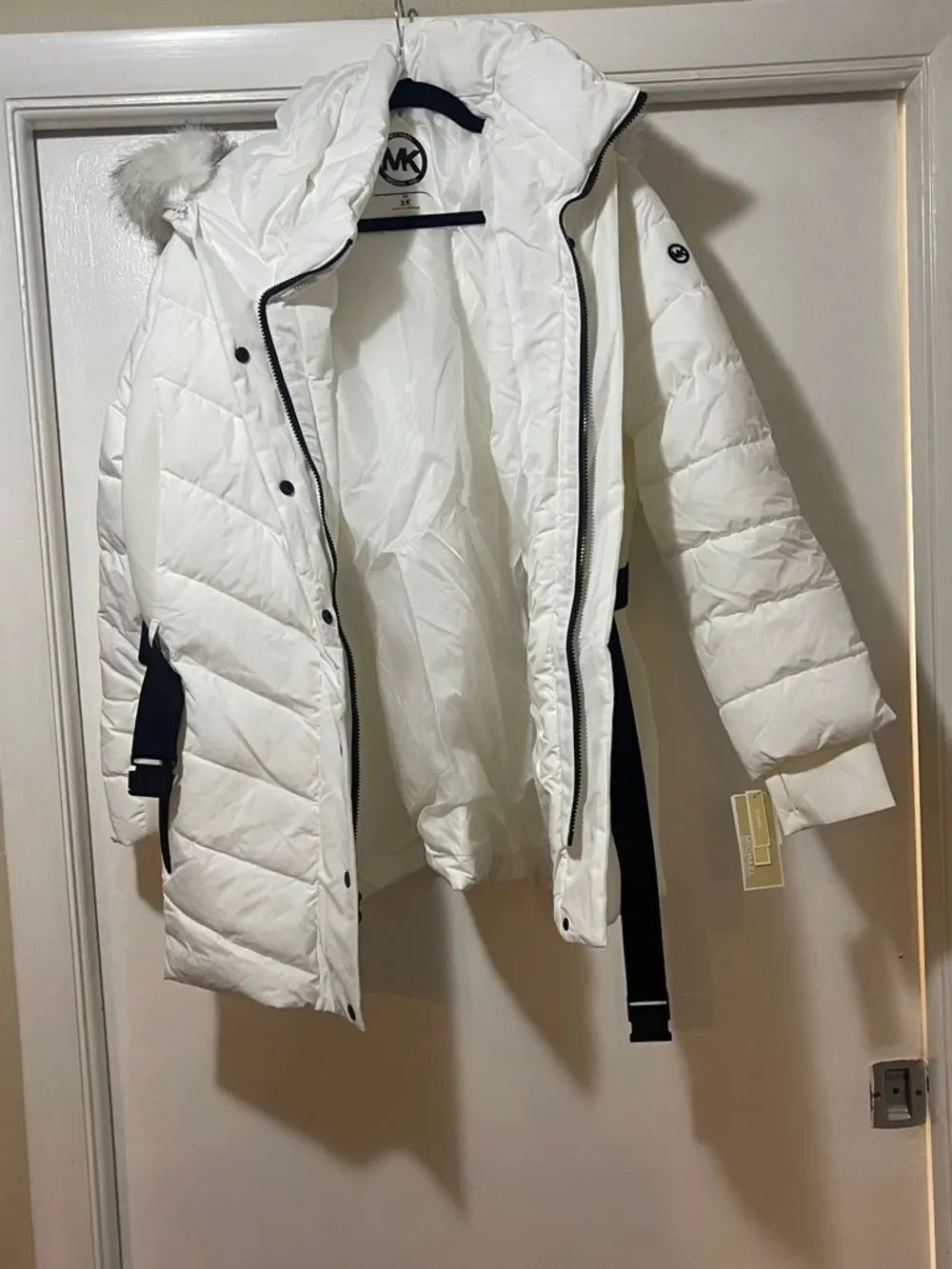 Michael Kors White Quilted Puffer Coat with Black Trim NEW
